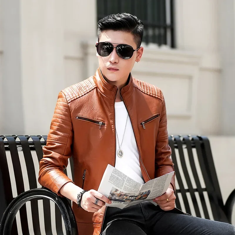 

New solid color Slim Pu Leather Jackets high quality black khaki mens leather jackets Men's Jackets Autumn Leather Jackets
