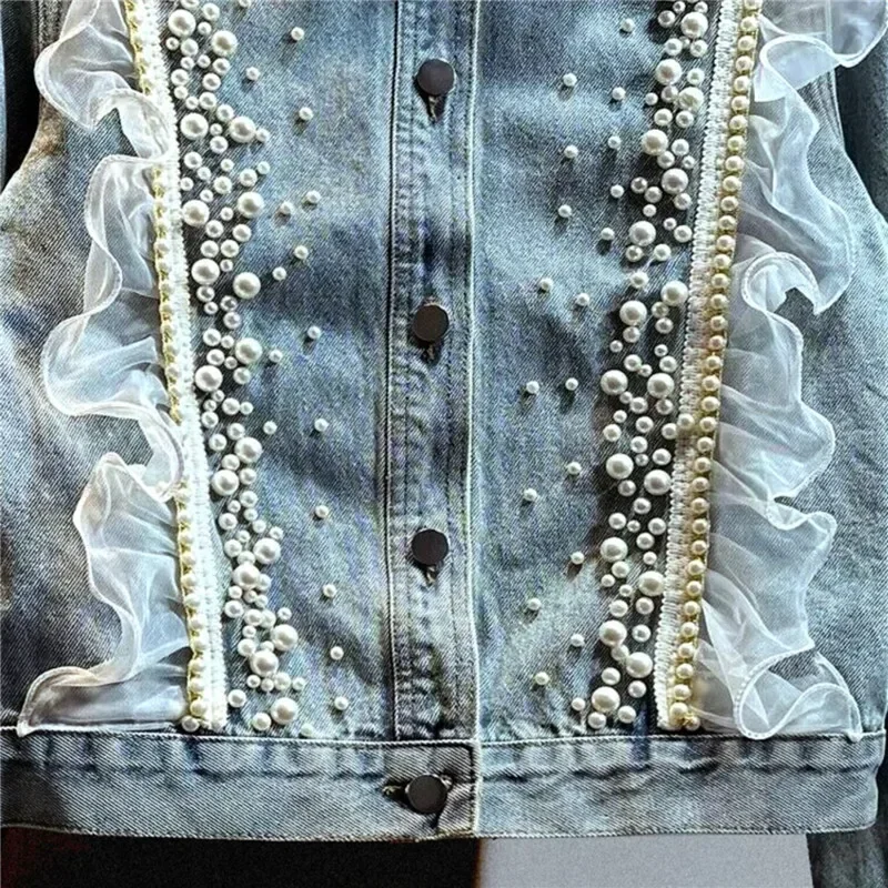 

Spring New Women Heavy-work Beaded Lace Patchwork Short Jeans Jacket Vintage Blue Light Blue Slim Lapel Long Sleeve Denim Coat
