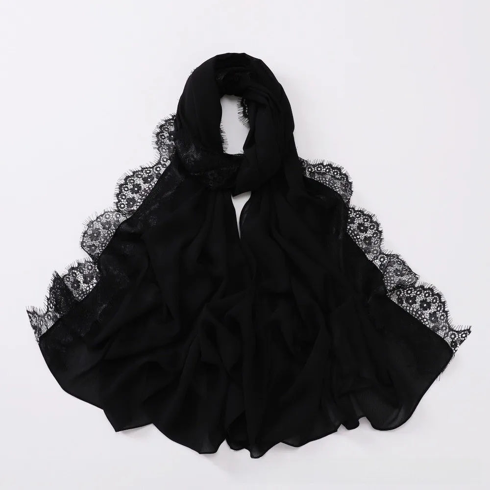 Fashion Solid Color Muslim Chiffon Jersey Hijab Breathable Soft Women Headscarf Lace Trim Long Scarf Shawls Head Wrap