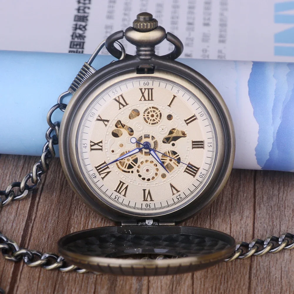 Vintage Roman Number Hand-Winding Watch creative carving flower Mechanical Pocket Watch chains pendant gifts