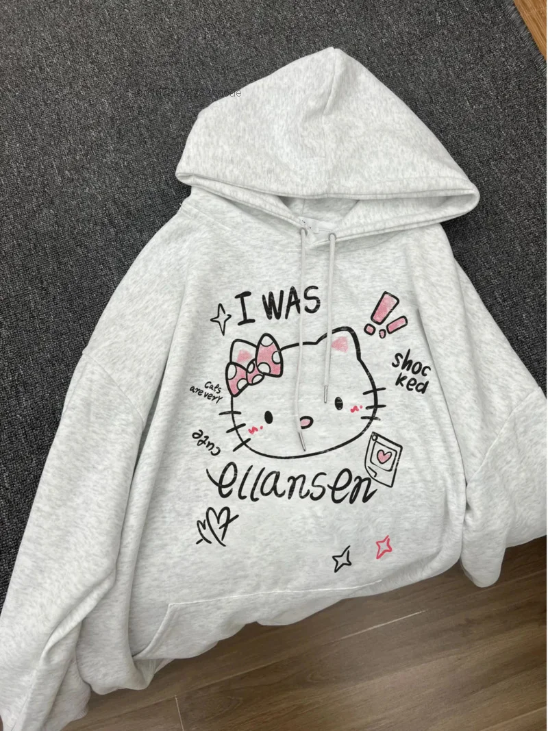 Autumn Winter Sanrio Cute Hello Kitty Campus Style Hoodie Grunge Hip Hop Sweatshirt Y 2k Loose Emo Hooded Clothes Streetwear Yk2