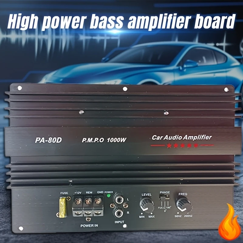 1000W 12V High-power car amplifier board - Applicable8-12inch dual-coil subwoofer，Pure aluminum heat dissipation，Stereo sound，Ov