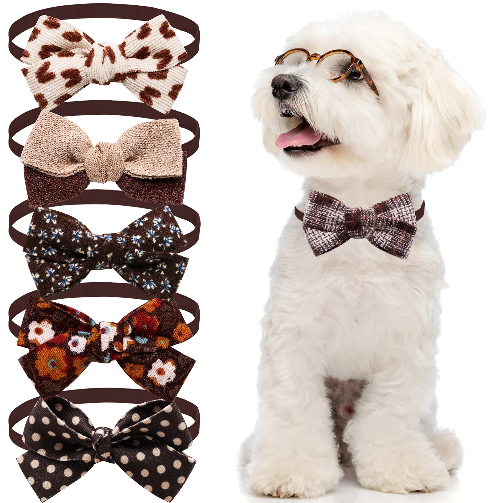 

20/40PCS Autumn/Winter Dog Bow Ties Brown Style Dog Bowties Adjustable Pet Dog Collars Grooming Accessories For Dogs and Cats