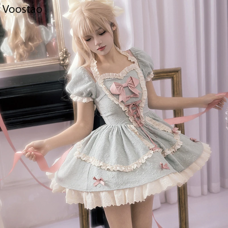 Japanese Victorian Gothic Lolita Dress Women Sweet Lace Bow Ruffles Tea Party Dresses Harajuku Cute Y2k Cosplay Princess Dress