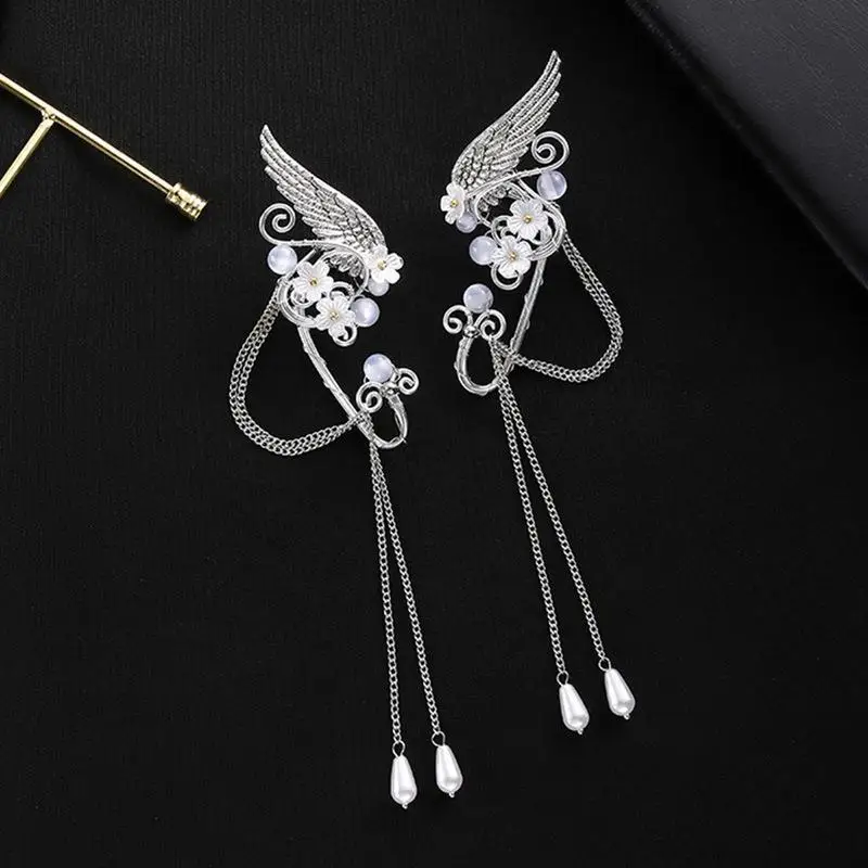 Left Ear Right Ear Sweet Alloy Elf Ear Clip Elf Ear Crystal Long Tassel Earrings Charm No Piercing Wings Ear Cuff Girls