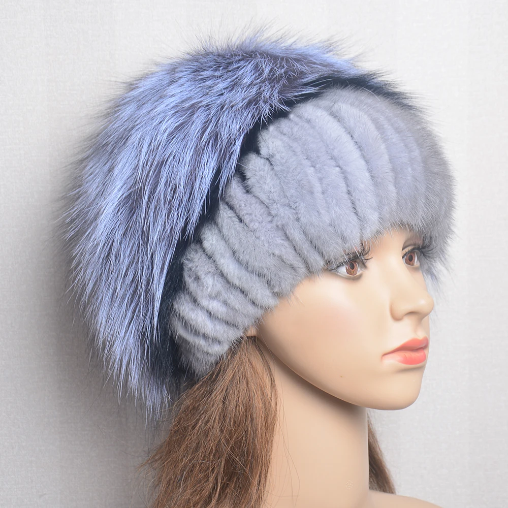 Women\'s Winter Fur Hat Natural Fur Knitted Mink Fox Pom Pom Fur Hats With Balls Stylish Warm Fashion Girls Beanies Hat