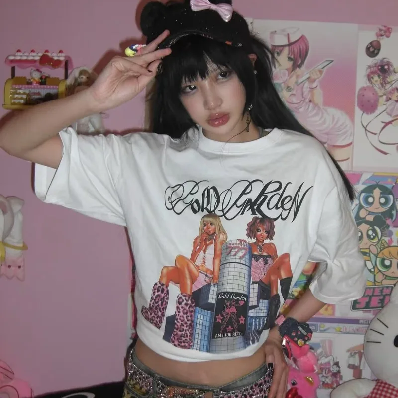 

American Retro White T-shirts Harajuku Subculture Vintage Anime Print Tees Women's Summer Loose Street Hottie Casual Tops Ins