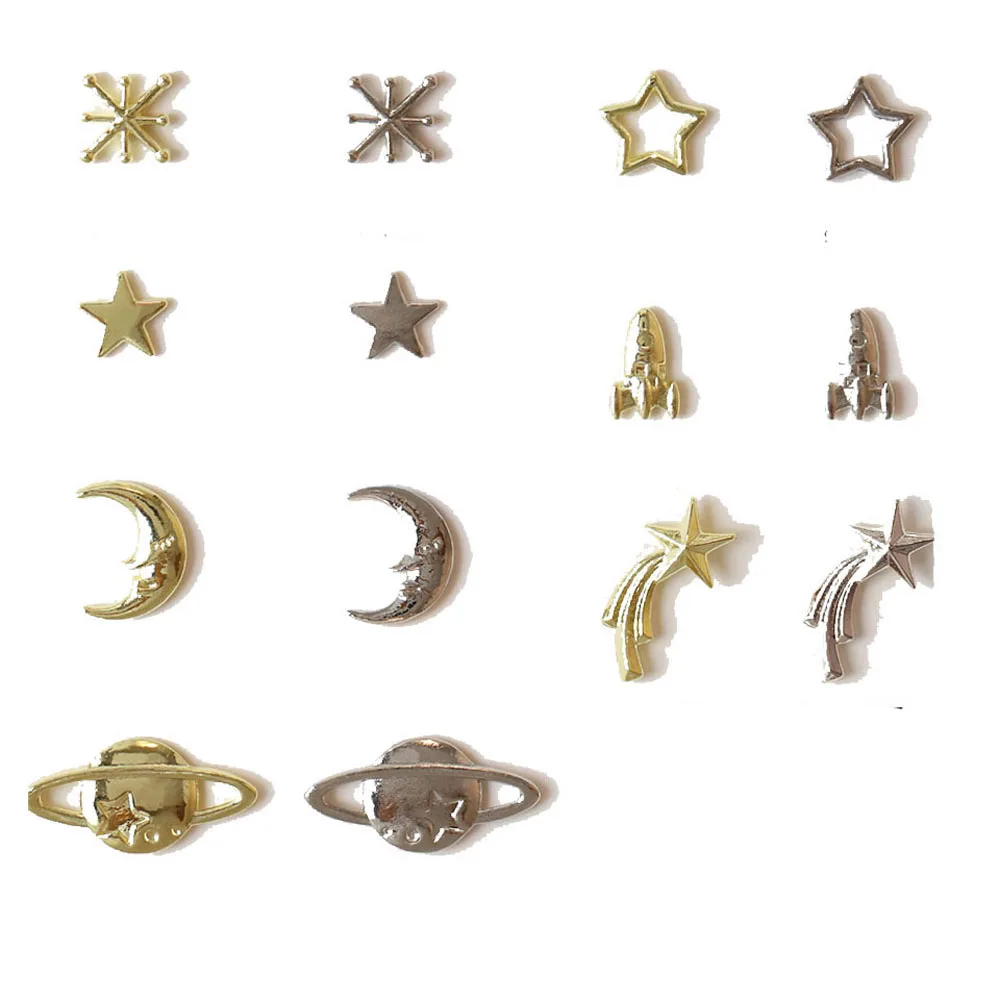 50pcs Alloy Metal Pentacle Nail Art Jewelry 3D Planet Moon Hollow Star Cosmic Series Nail Decoration DIY Luxury Nail Accessories