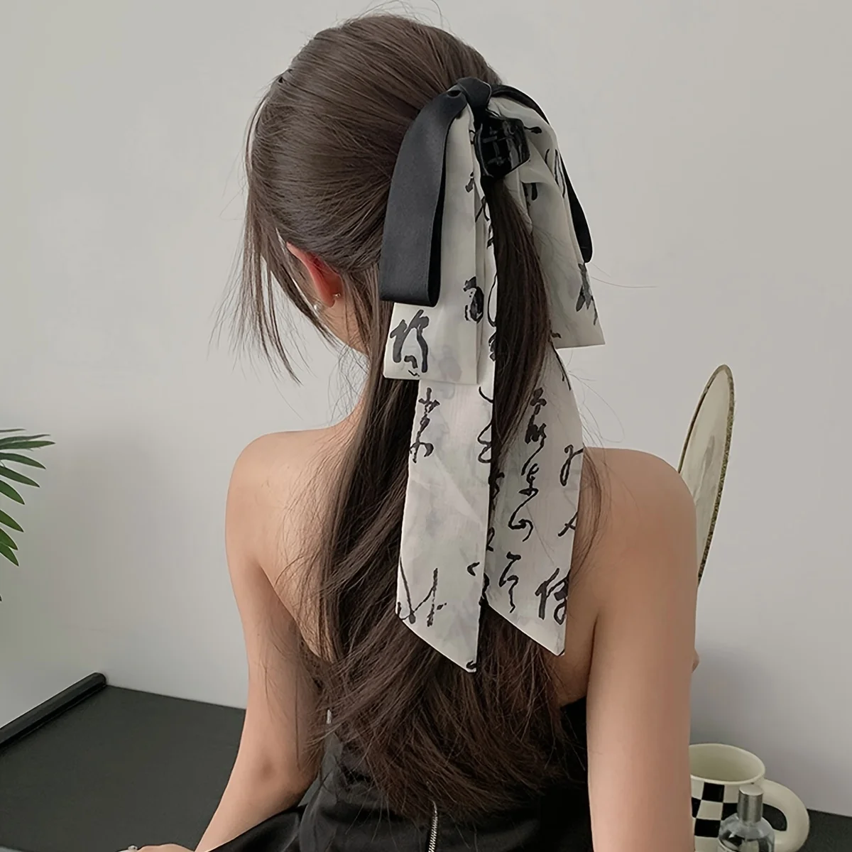 긴 리본 잉크 워시 중국 스타일 활 클립 여성의 새로운 중국 스타일 고대 스타일 헤어 클립