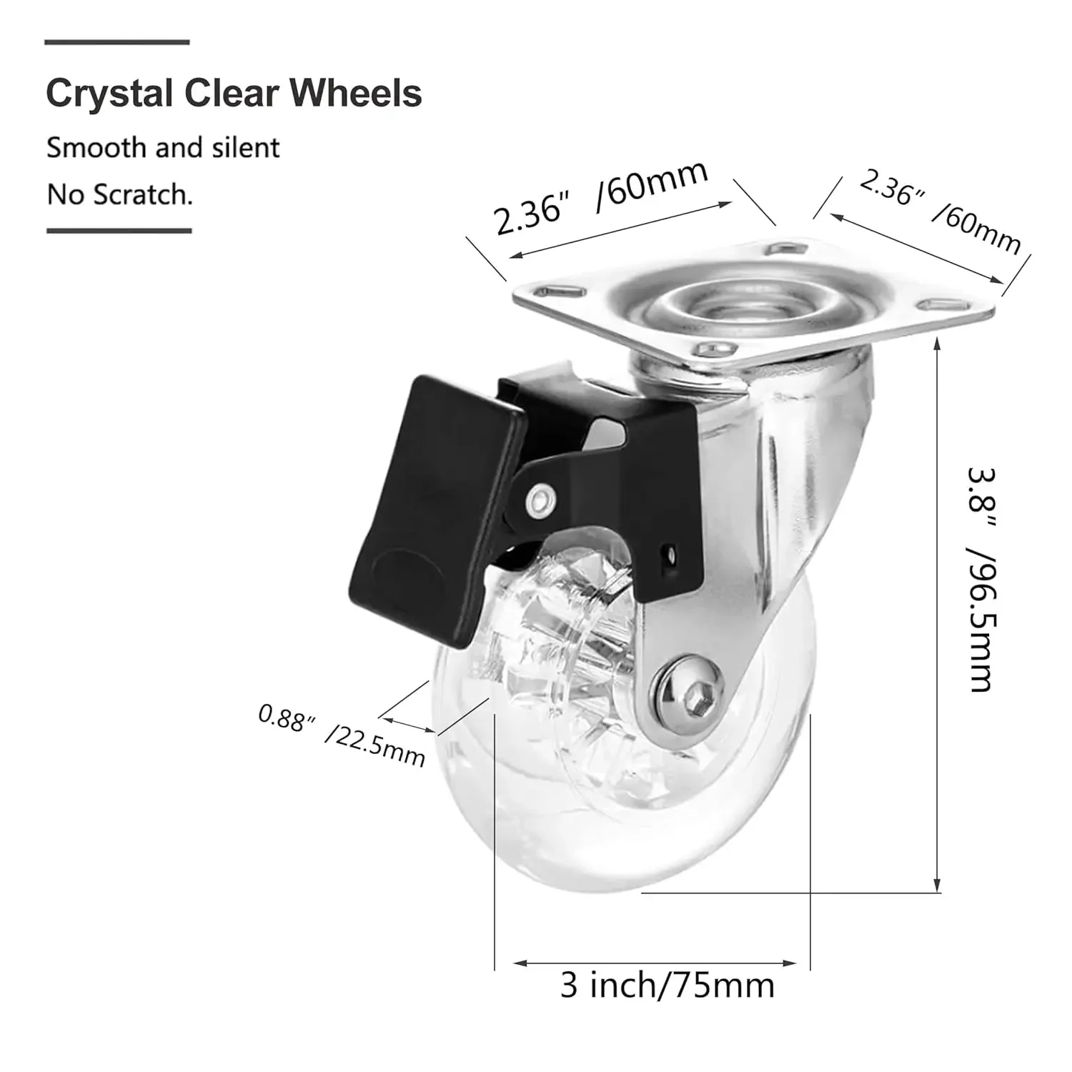 Swivel Caster Wheels 3 Inch,Heavy Duty Casters Set of 4 with Brake,800Lbs Clear Polyurethane Furniture Wheels for Workbench