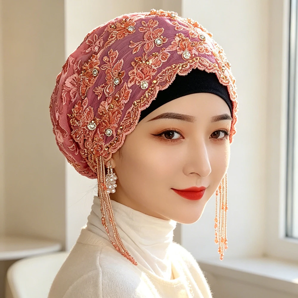 

Fashion Muslim Women Turban Hat Luxury Rhinestone Embroidery Long Tassel Instant Hijab Bonnet Headscarf Islam Beanie Wedding Cap
