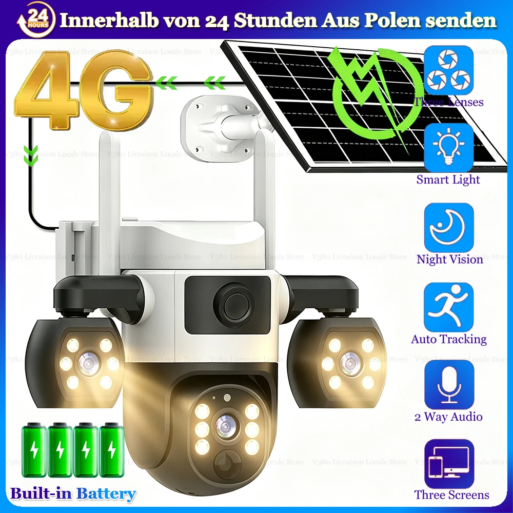 4G Solar-Kameras mit 3 Objektiven, wasserdichter Outdoor-Sicherheitsüberwachung, drahtlosem Auto-Tracking, Alarm-Push-Funktion, HD-Nachtsicht, PTZ-Monitor, 360° 4G SIM-Karten-Fernüberwachung,