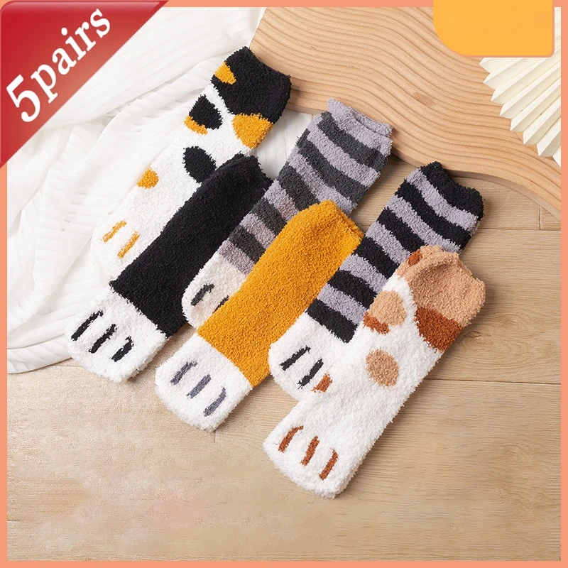 

5 пар женских носков, удобные коралловые флисовые напольные зимние плюшевые мягкие носки, комплект милых носков средней длины с рисунком кота, милые кавайные носки