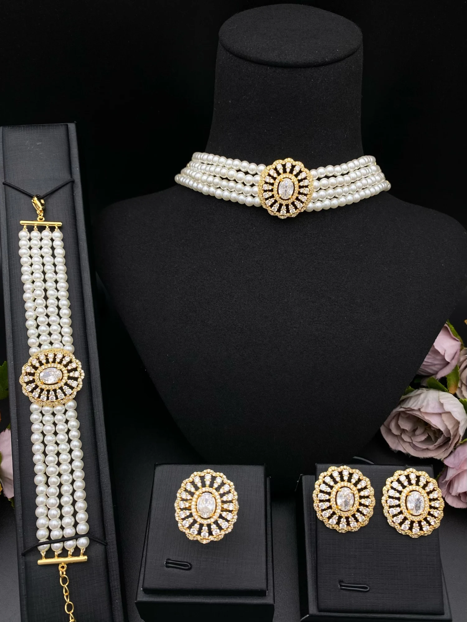 Falair Elegant Classic Pearl Women Jewelry Set 4Pcs Necklace Bracelet Earrings Ring Wedding Accessory Set