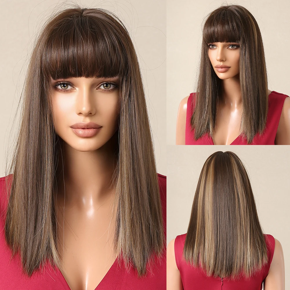 Long Brown Highlight Wig with Bangs Daily Party Use Straight Synthetic Hair for Women Natural Soft Wigs High Temperature Fiber