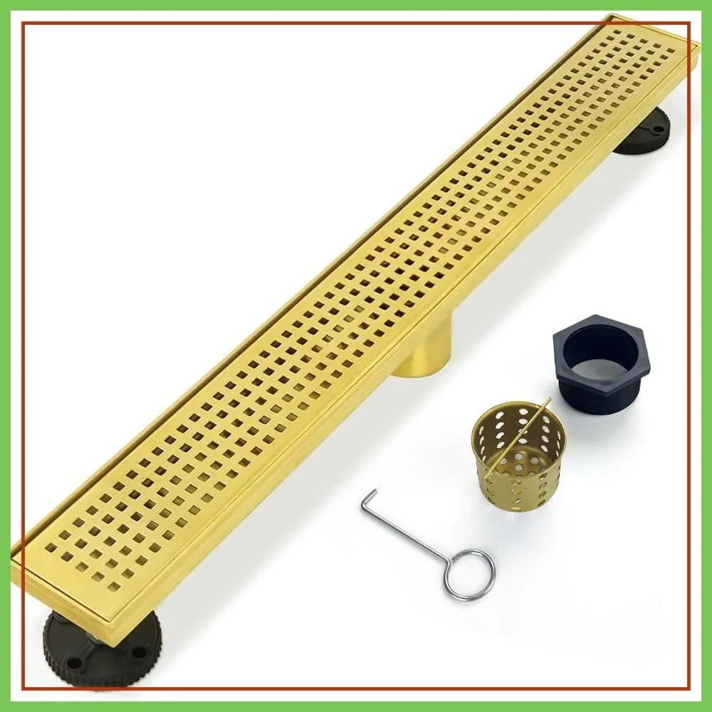

18 Inch Linear Shower Drain, Gold Brushed 304 Stainless Steel Floor Drain with Removable Grate, Hair Strainer & Adjustable Feet