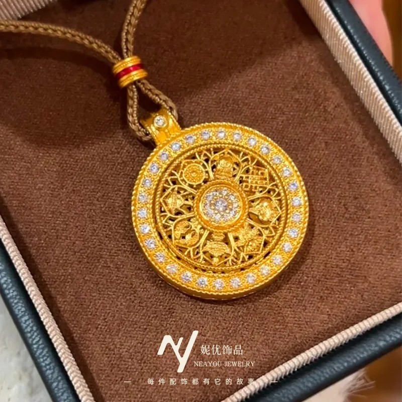 Rotatable size eight treasure compass necklace new Chinese design sense 9999gold