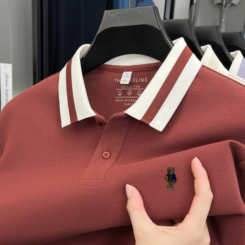 

100%cotton Men's Autumn Long-sleeved Polo shirt High-quality Collar Embroidery Bear T-shirt. Leisure Fashion Brand Men Clothing