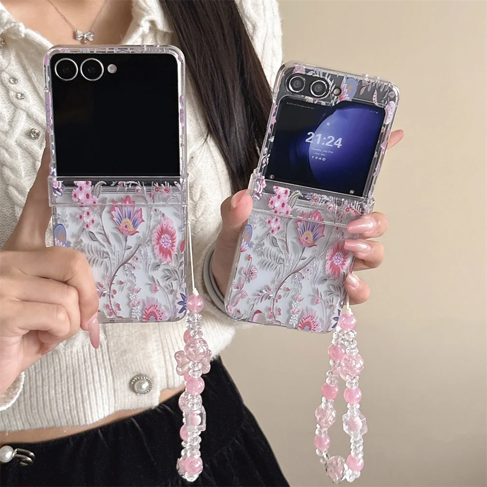 Delicate Pink Vintage Flower Printed Phone Case for Samsung Galaxy Z Flip 7-3 Butterfly Crystal Bead Strap Protective Cover