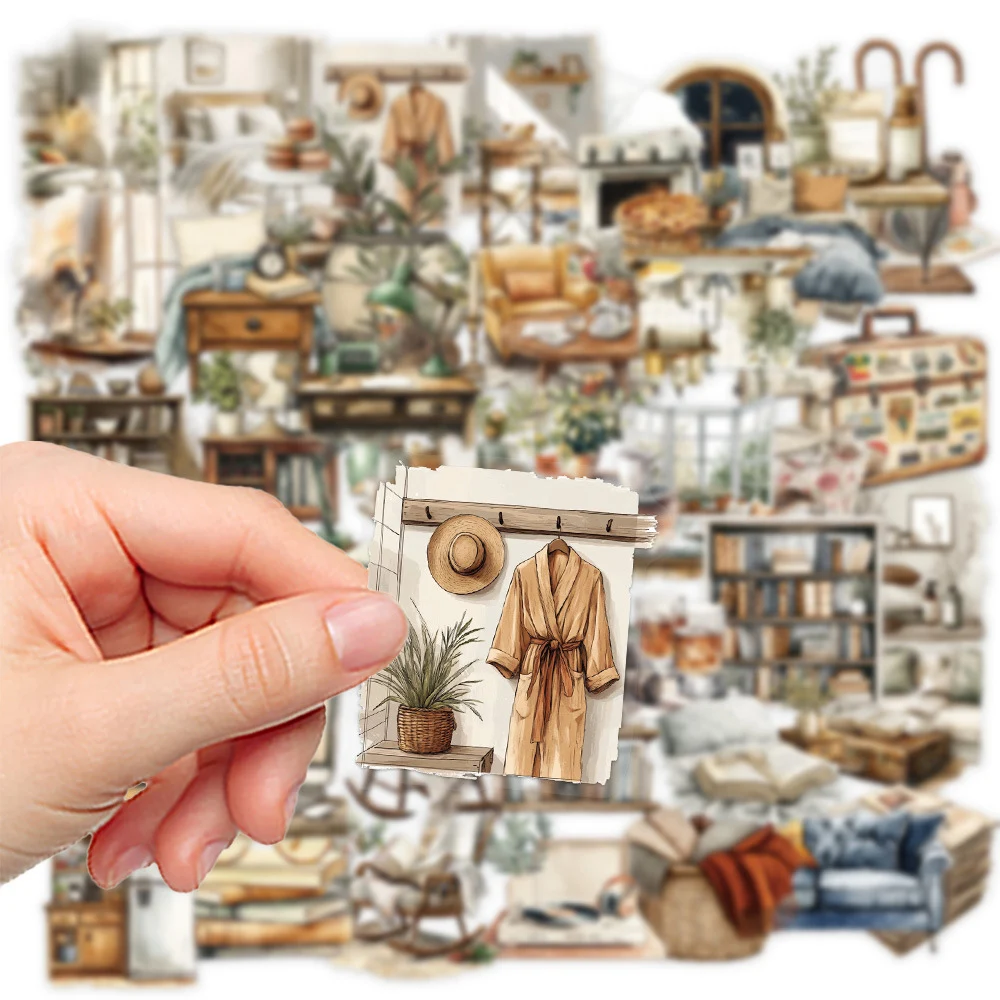 

10/30/50pcs Transparent Retro Cartoon Furniture Illustration Stickers DIY Notebook Guitar Skateboard Aesthetic Art Sticker Packs