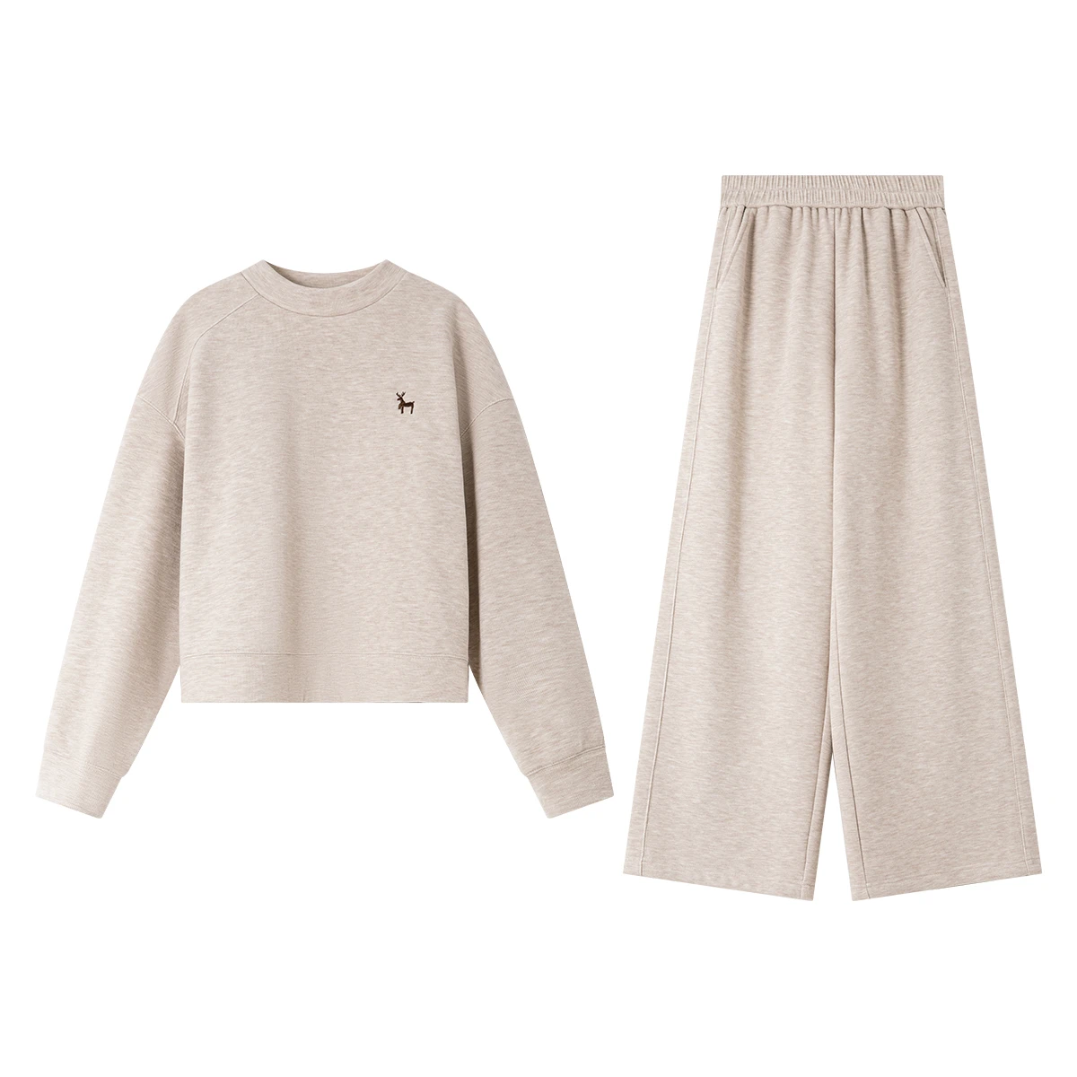 VIMLY Women's Pant Suits Apricot Deer Embroidered Round Neck Tops Wide Leg Pants Winter 2025 Ladies Knitted Trouser Sets M9338