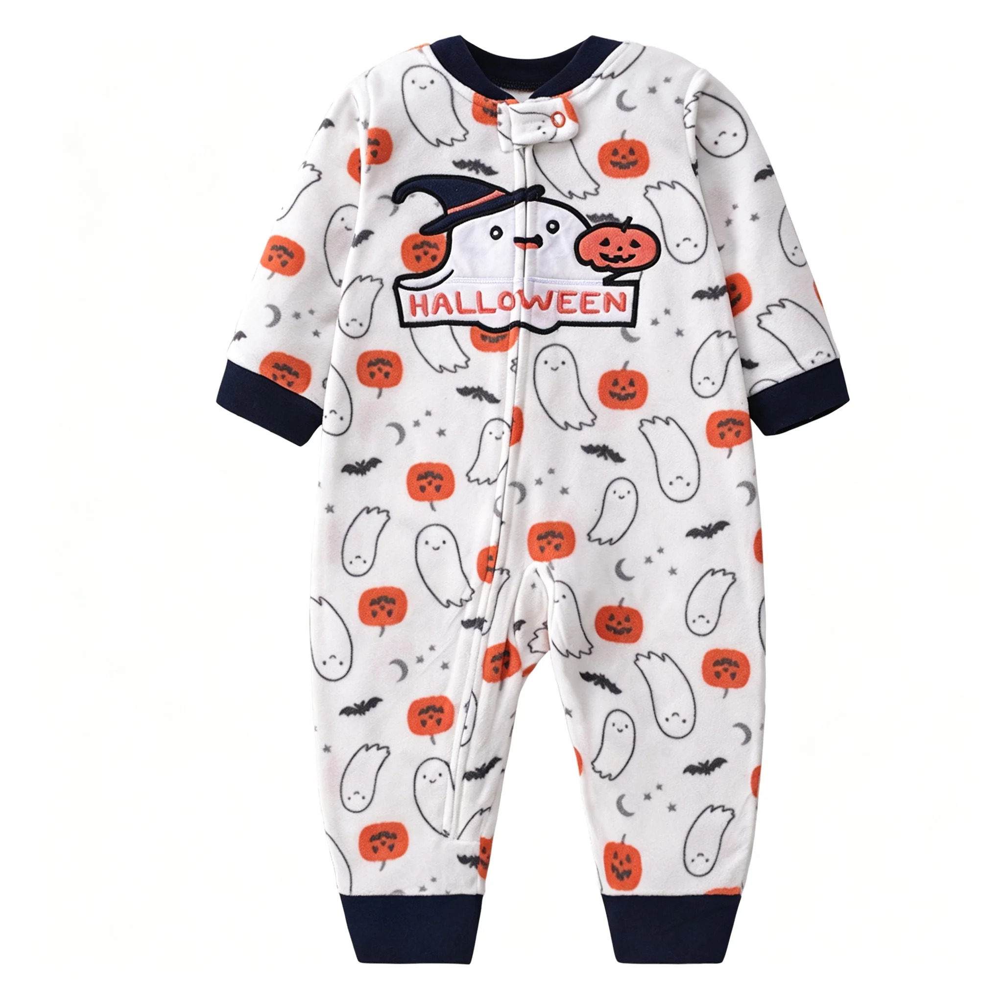 Halloween Baby Romper Polar Fleece Long Sleeve Full Zipper Infant Jumpsuit Ghost Pumpkin Print Footless Toddler Clothes 6-24M