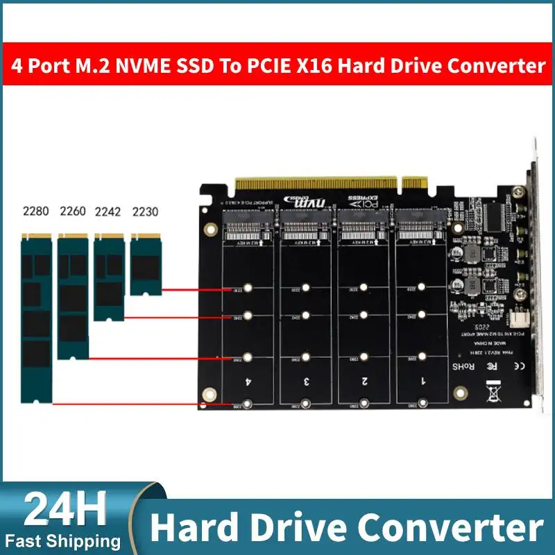 4 Port M.2 NVME SSD To PCIE X16 Reader Expansion Card 4X32Gbps Adapter Converter Card Support 2230/2242/2260/2280 LED Indicator