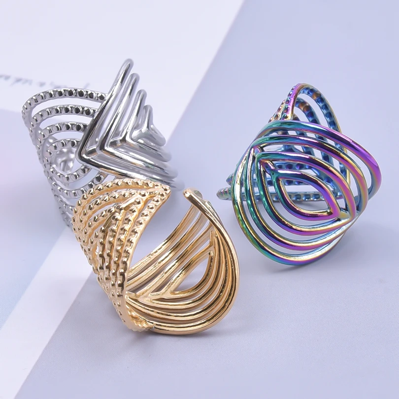 1/3Pcs Stainless Steel Geometric Hollow Wide Open Rings Trendy Exaggerated Finger Bijoux Anillos Jewelry