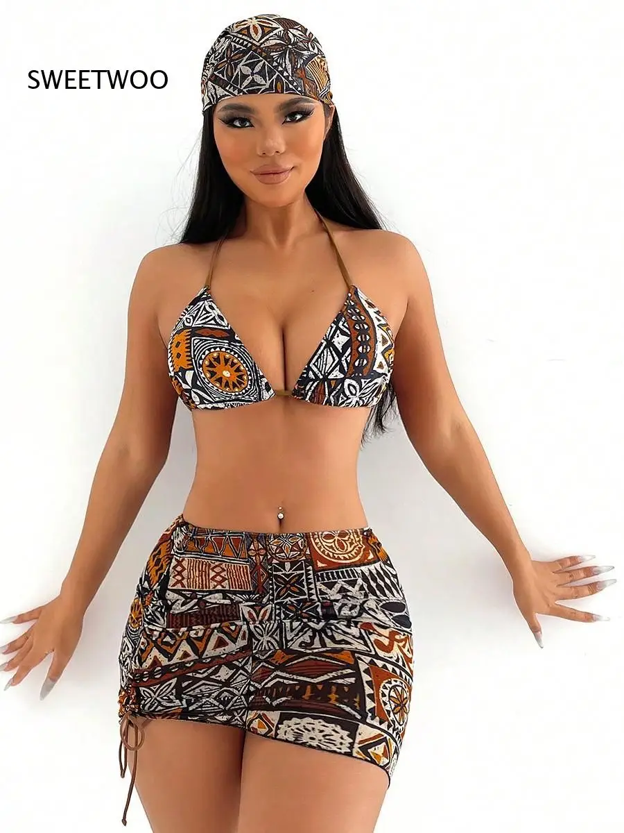 Women Printed Two Piece Swimsuit Set Halter Triangle Top And Wrap Cover Up Skirt For Beach Vacation Pool Party