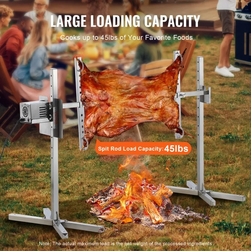 Electric BBQ Rotisserie Grill Kit Automatic 42W Motor Height Adjustable Universal Roaster Stand Spit Rod w/ Heat Shield
