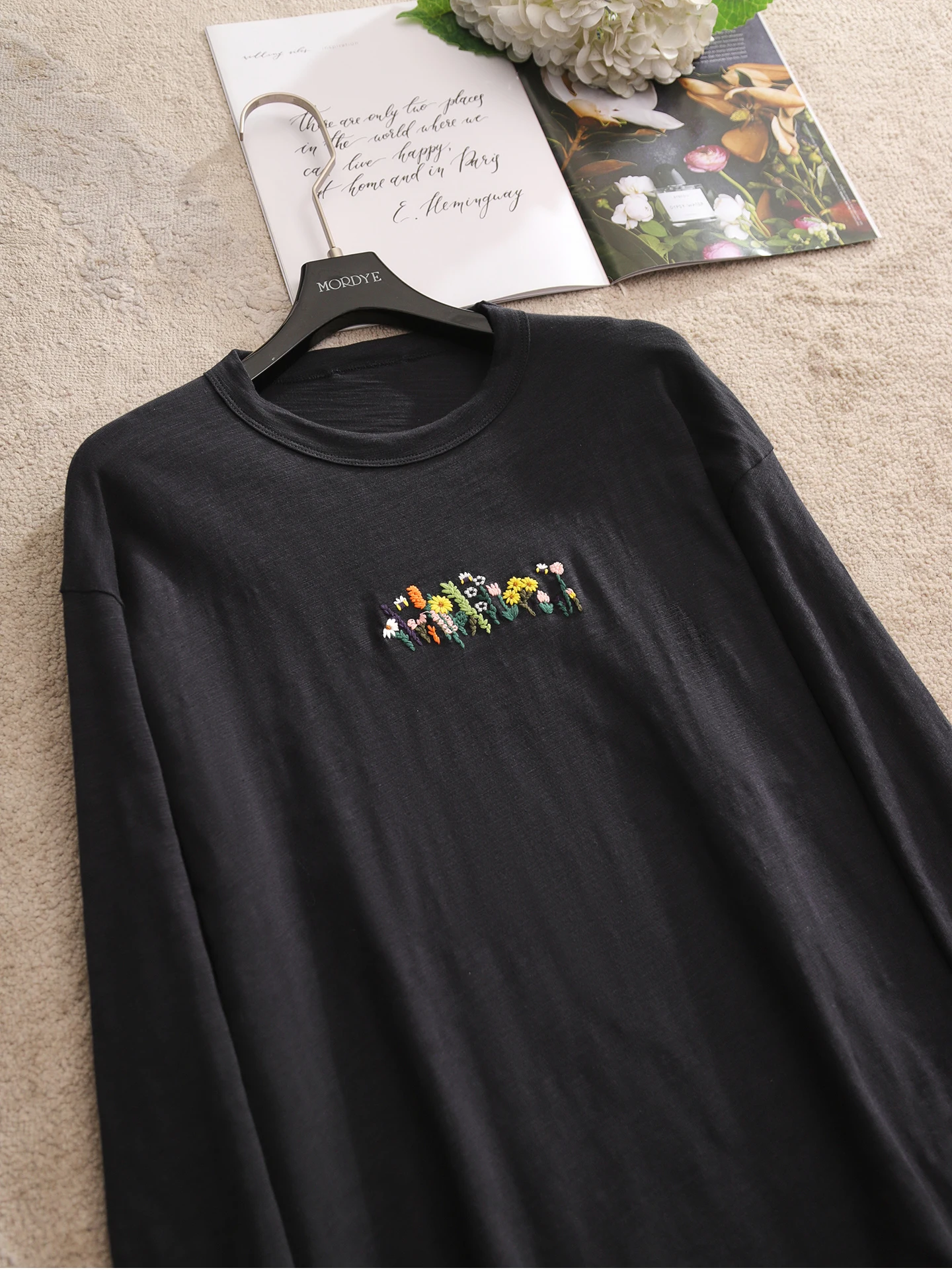 

Elegant Black Long Sleeve T-Shirt Embroidered 100% Cotton 3D Flowers Commute Style Women's Premium Fashion Spring 2026