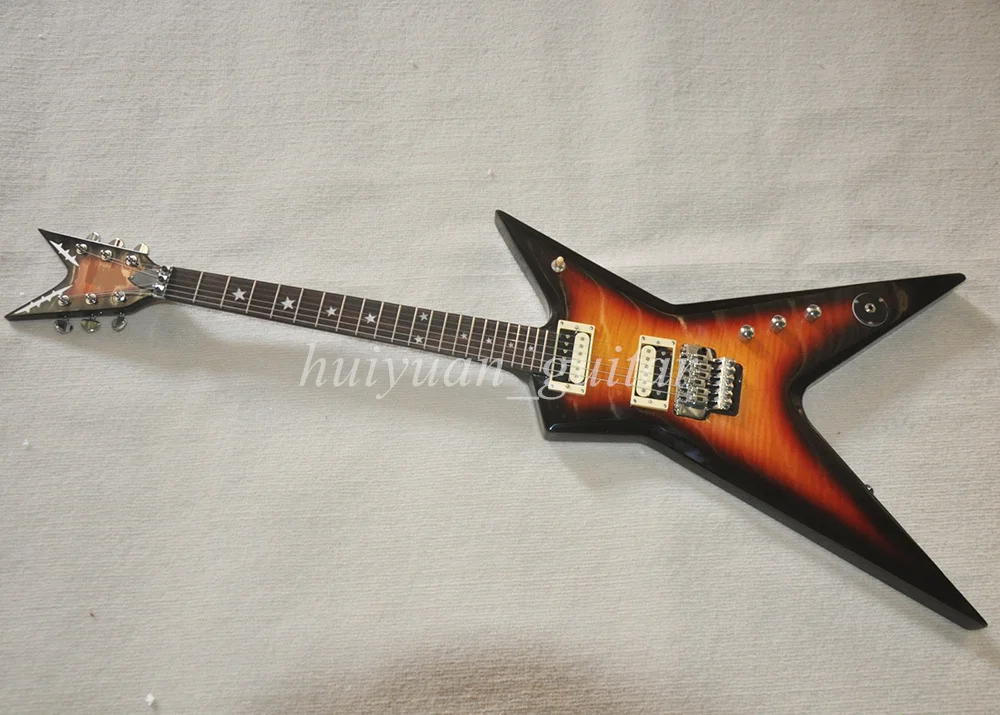 Flyoung 6 Strings Tobacco Sunburst Unusual Floyd D Electric Guitar with Flame Maple Veneer Rosewood Fretboard 22 Frets