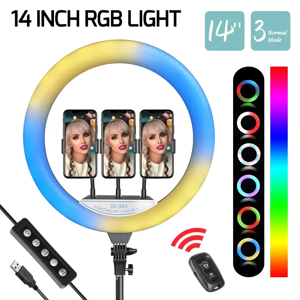 SH 10/12/14-calowa RGB lampka pierścieniowa do selfie, do studia fotograficznego, LED, 15 kolorów, z możliwością regulacji jasności, z statywem, do telefonu, do makijażu