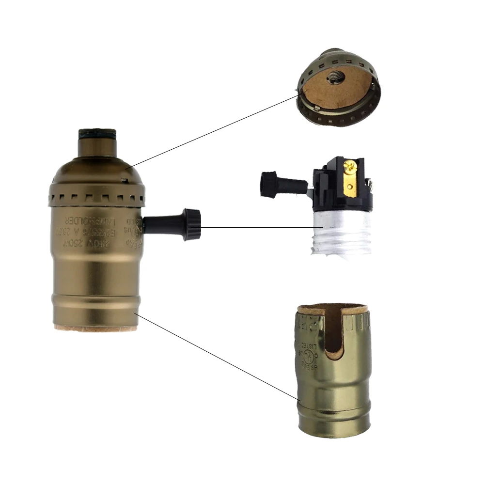 Edison teto parafuso luz base da lâmpada, bulbo soquete titular com interruptor, galvanoplastia, alumínio, vintage, retro, antigo, E26, E27