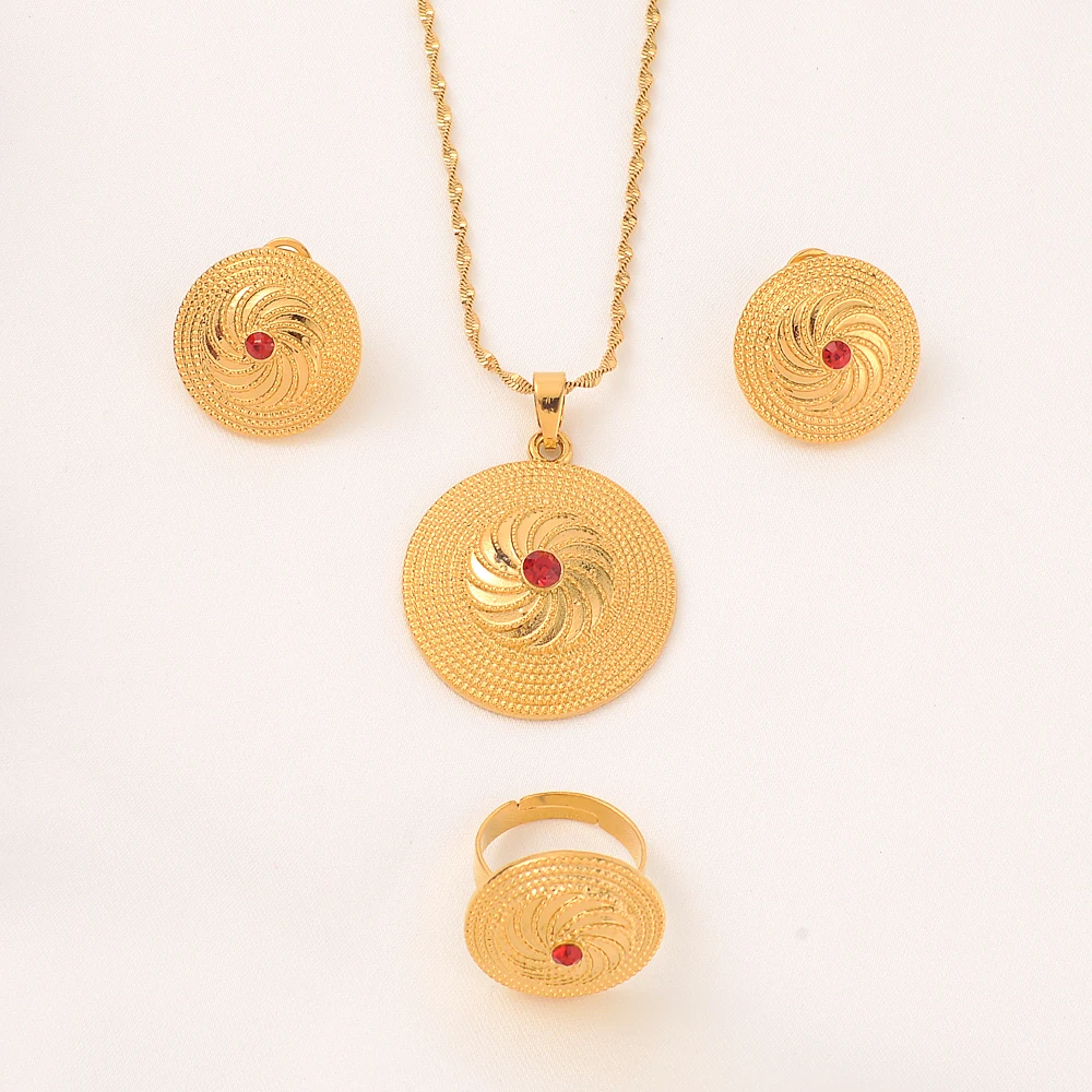Ethiopian Set Jewelry Necklace Earrings Ring Gold Color African Bridal Sets Habesha Eritrea Wedding Sudan