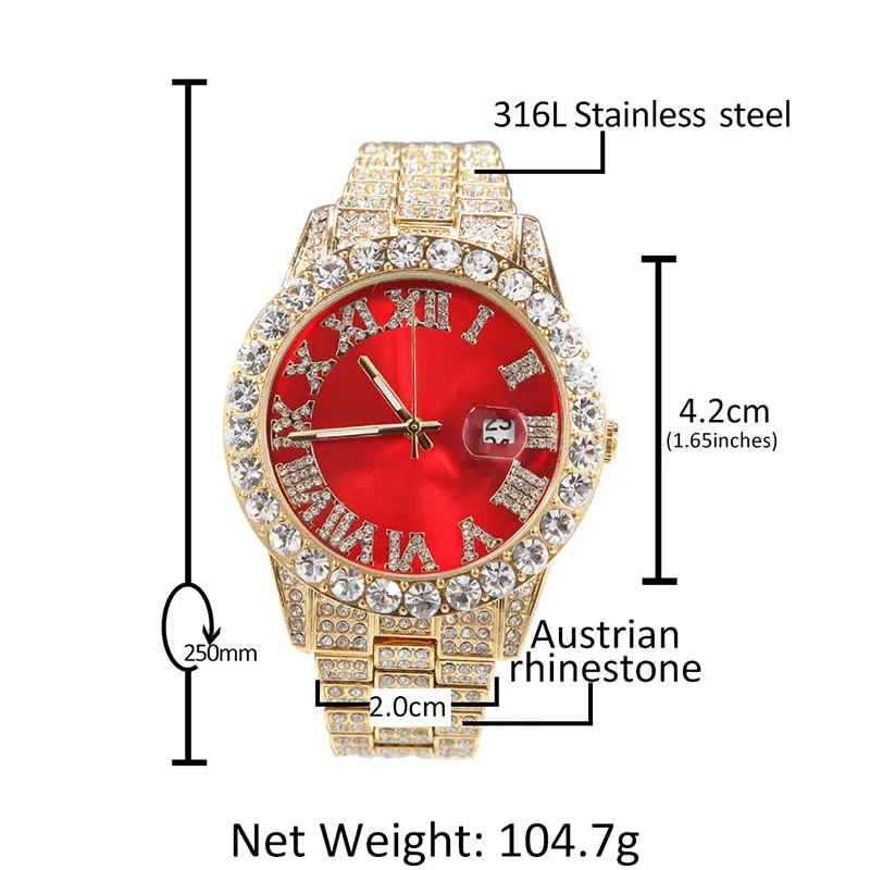 Hip Hop Mens Date Quartz Watch Waterproof Watches CZ Stone Paved Bling Iced Out Stainless Steel Watch for Men Charm Jewelry
