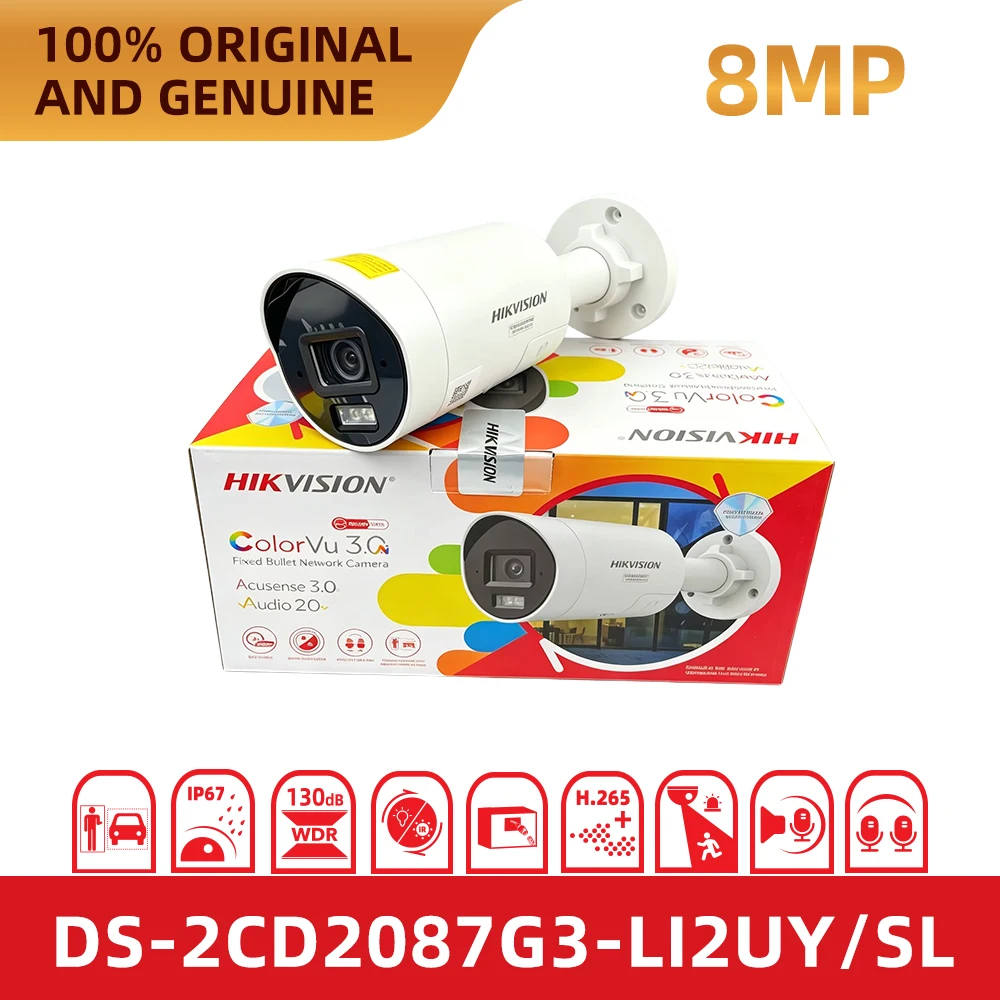 Hikvision 8MP Full Color Night Vision Camera DS-2CD2087G3-LI2UY/SL 40m IR White Light PoE Camera Outdoor Security Cam with Audi