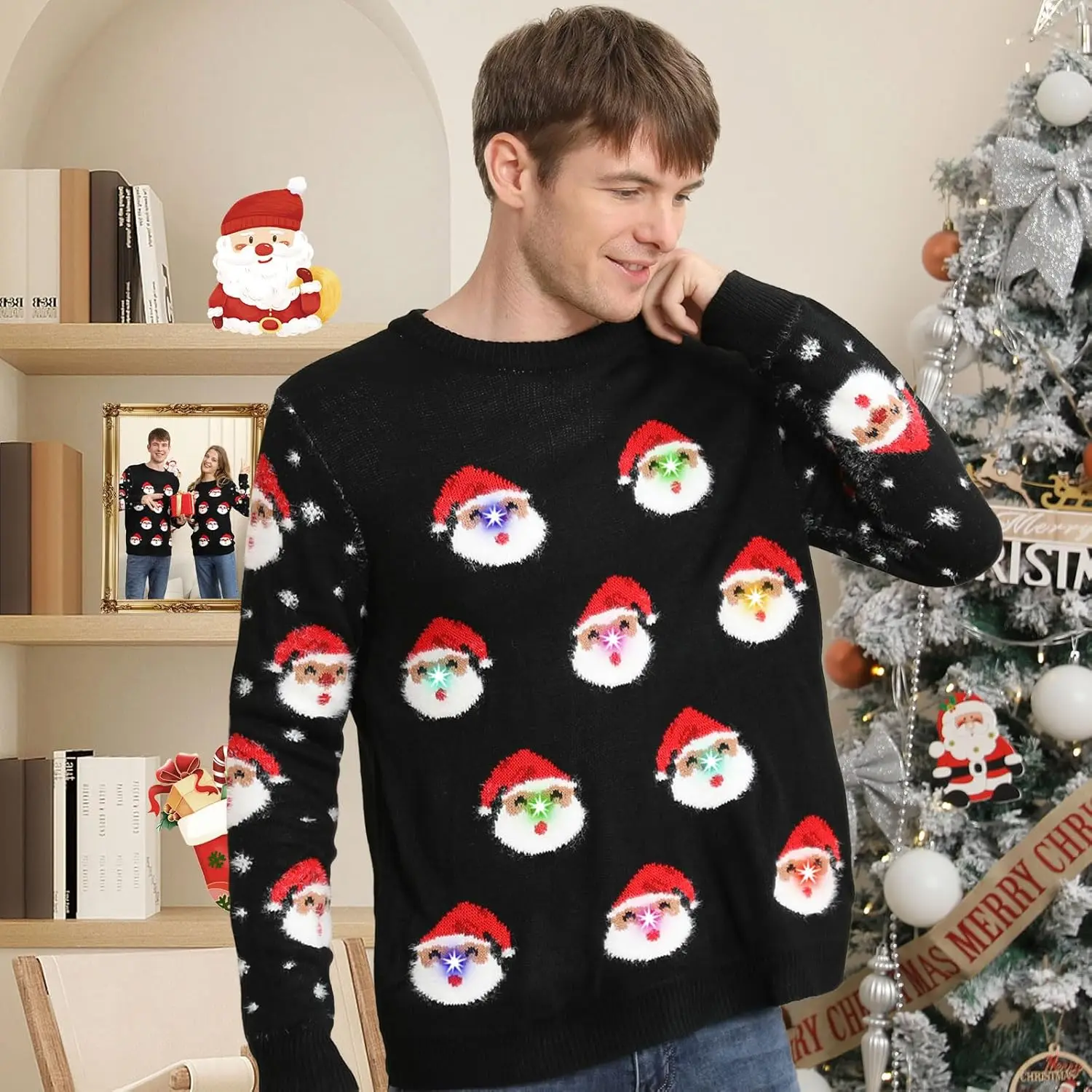 2024 new Ugly Christmas Sweater Women Men 2024,Light Up Christmas Sweater,Funny Cute Reindeer Unisex Xmas Tacky Sweater Couples