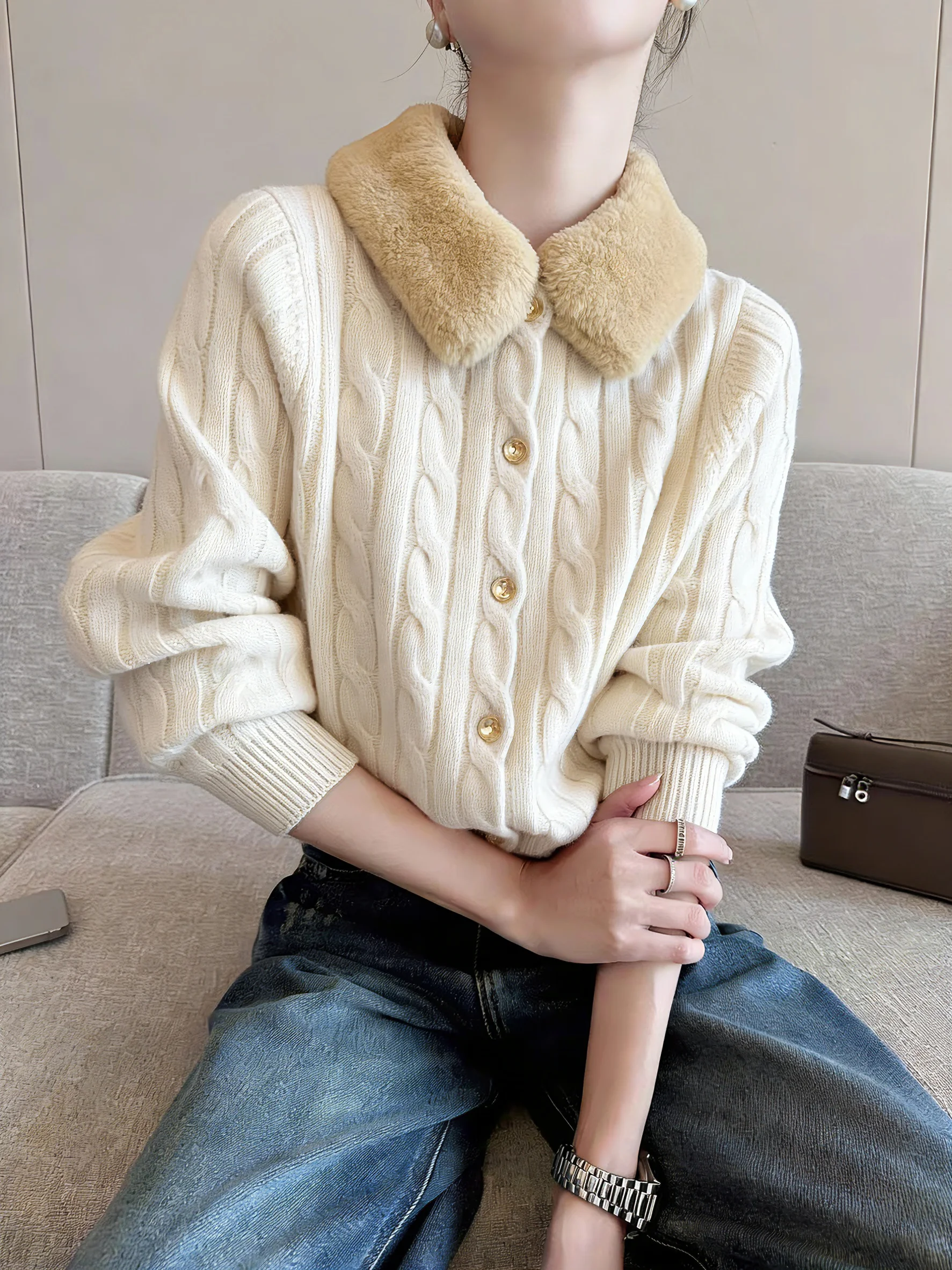 

Miu Sle Knitted Sweater Unique Beautiful Floral Twist Knit Cardigan Coat with Fur Collar Slim Fit New Year's Faion Top