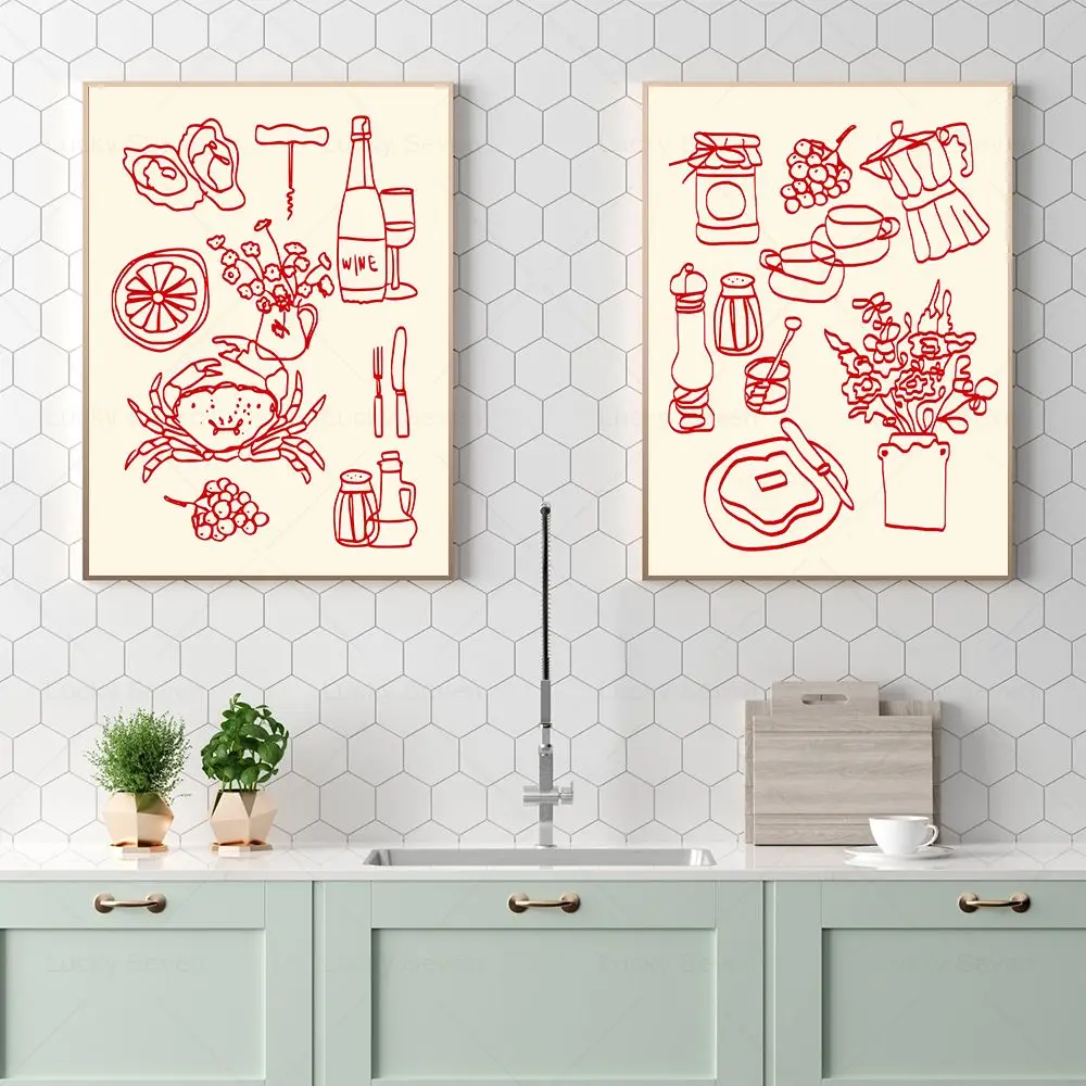 Arte de pared de cocina, mesa de desayuno, impresiones de comida, cangrejo, limón, vino, aceite de oliva, mantequilla, tostada, café, miel, póster, pintura en lienzo, decoración