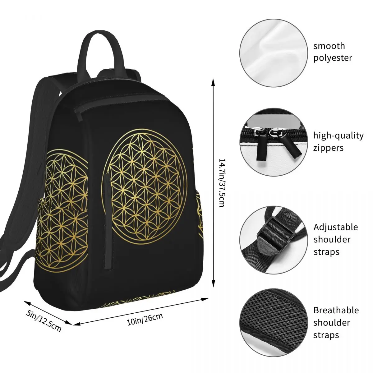 The Flower Of Life Gold Mandala Backpack Student BookBag Kids School Bag Computer Shoulder Bags Boys Girls