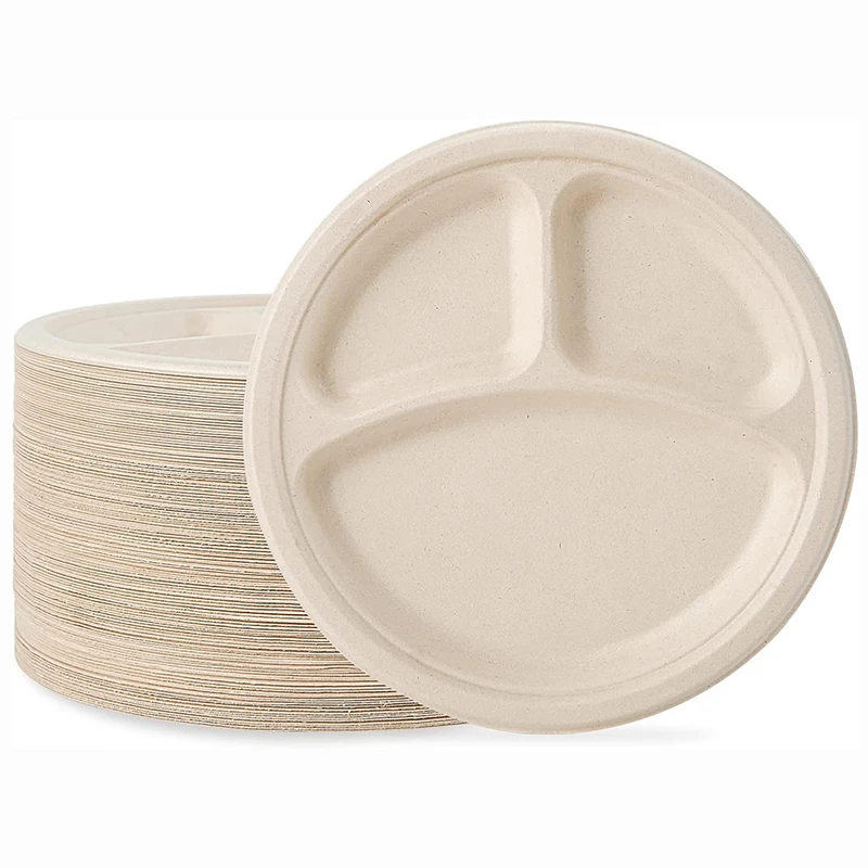 Platos compostables de 3 compartimentos, platos de papel desechables de 8,85 pulgadas, bandeja de bagasa biodegradable ecológica para cena, 10/30 Uds.