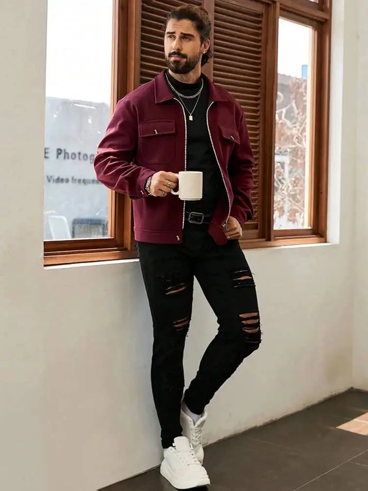 2025 Autumn/Winter New Solid Color Men's Woolen Coat Fashion Zipper College Style Jacket