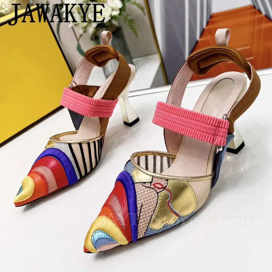 Luxury Designer High Heels Color Blocking Women Slingbacks Party Shoes Embroidery Leather Mesh Sandals Summer Dress Shoes Women