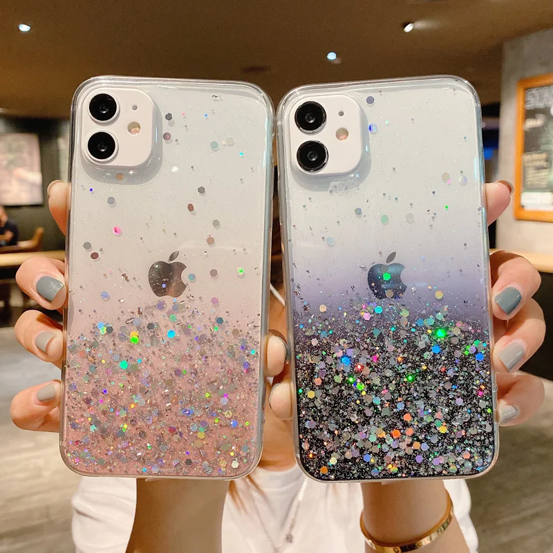 Luxury Clear Glitter Bling Sequins Phone Case For iPhone 14 15 13 12 11 Pro Max XS Max XR X 7 8 Plus 14 15plus Gradient Cover