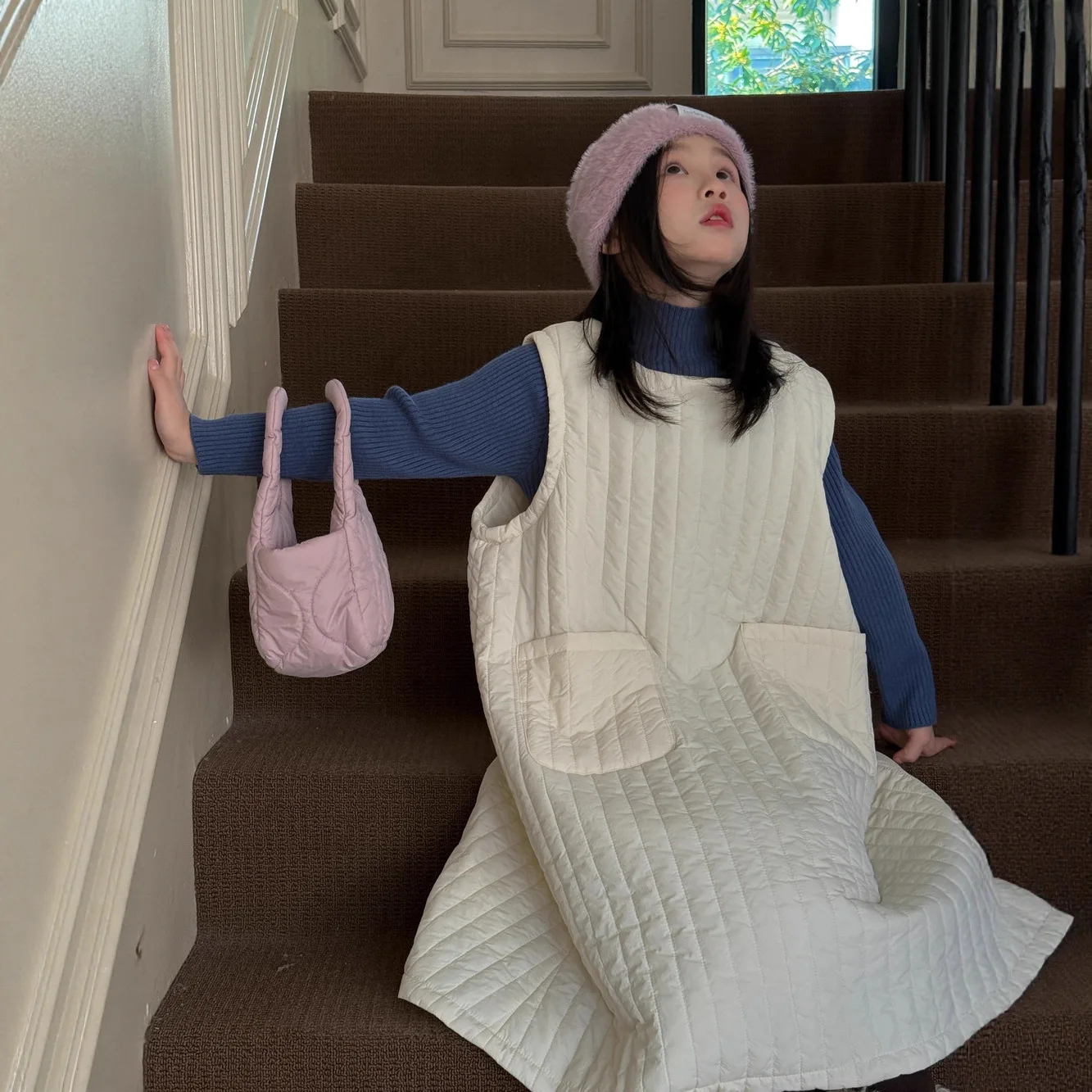 

Children's Dress Autumn And Winter Korean Girls' Vertical Quilted Padded Long Dresses Solid Color Vest Dress