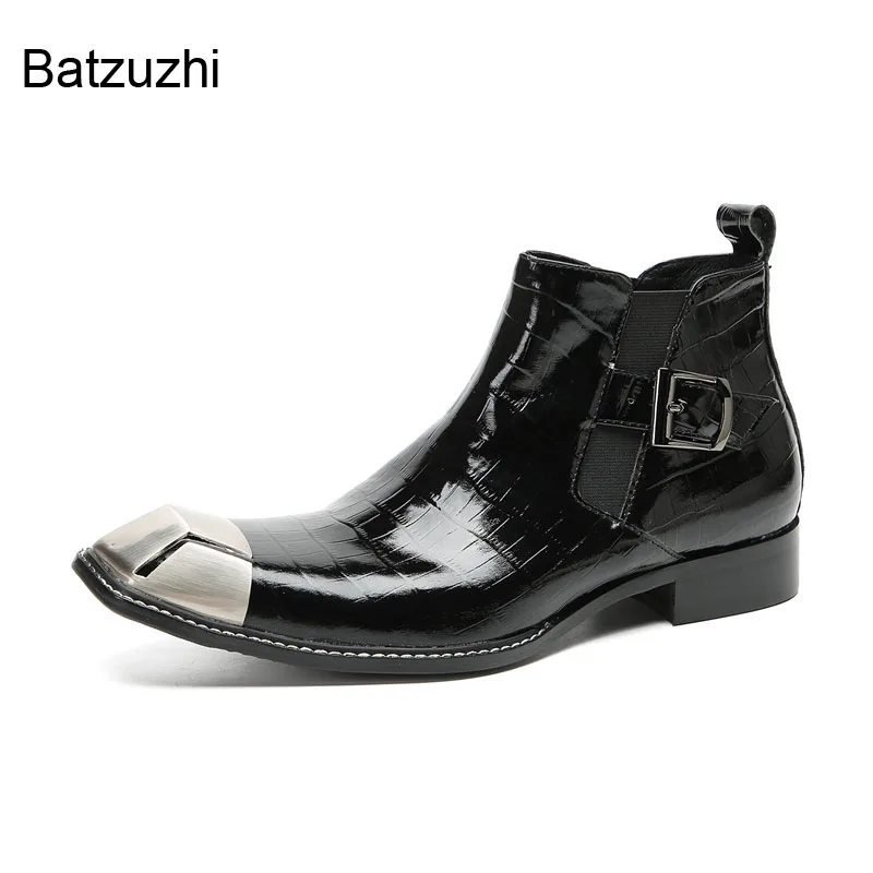 

Batzuzhi Rock New Design Men's Boots Shoes Slip on Bukles Black Patent Leather Ankle Boots Metal Toe Fashion Business Boots Man!