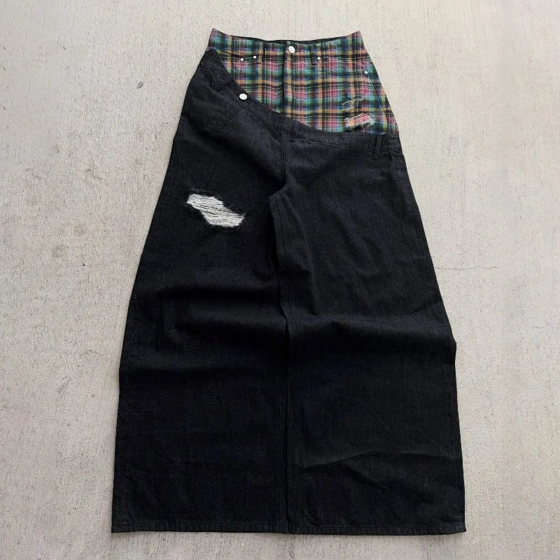 Calças Jeans Baggy Retro Y2K com Estampa Xadrez para Homens e Mulheres, Calças de Perna Larga, Moda Hip Hop Americana, Jeans Casuais Unissex