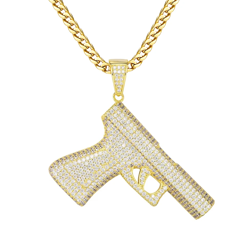 VANAXIN Hip Hop Ice Out Pistol Gun Pendants Necklace for Men 14K Gold Plated Cubic Zirconia Rapper Jewelry