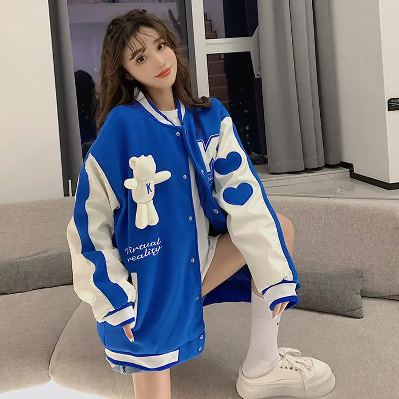 Baseball Jacket Women Autumn New American Retro Klein Blue High Street Loose Color Block Long Sleeve Jacket